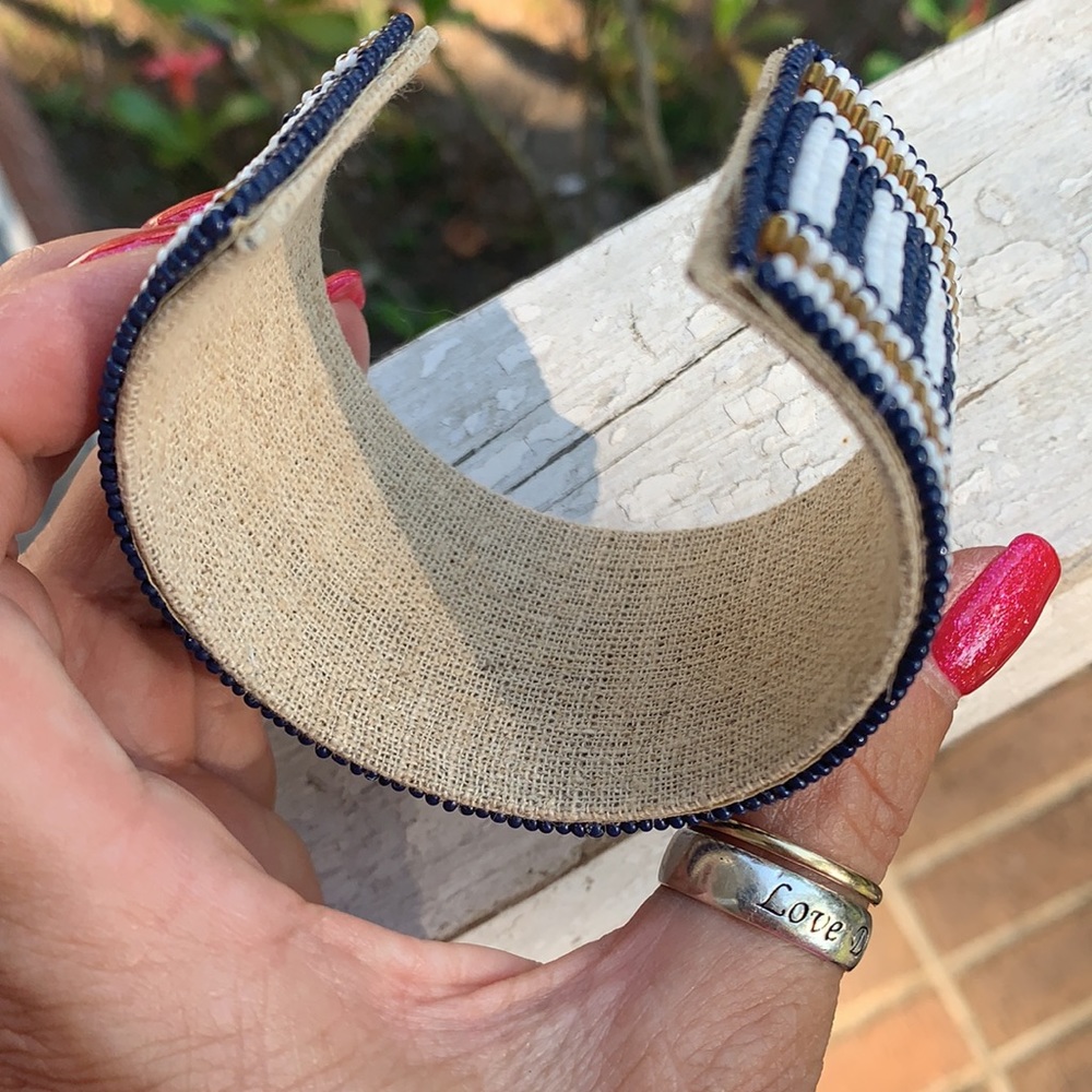 Blue & Gold Beaded Cloth & Metal Cuff Bracelet - Picture 8 of 17